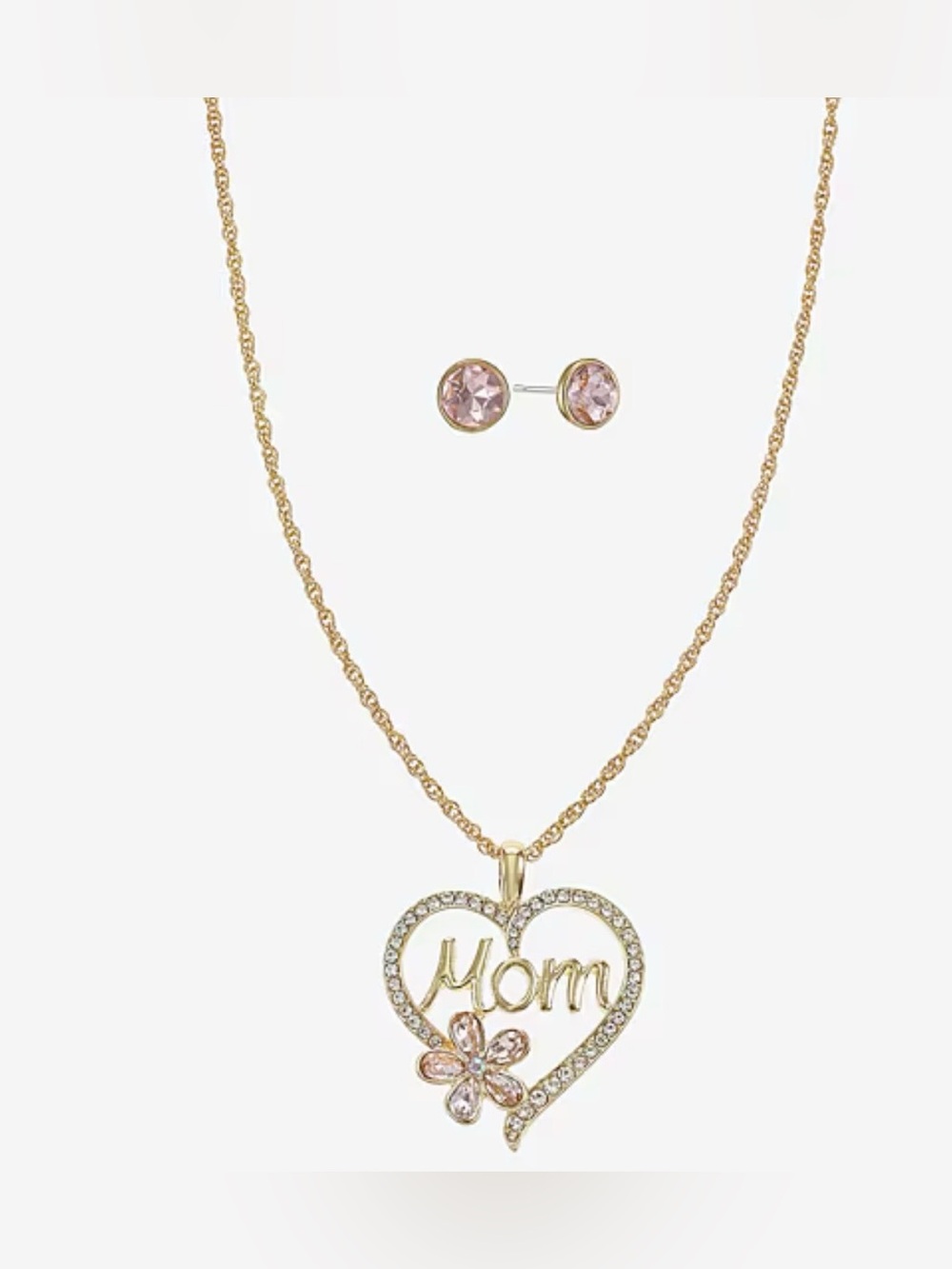 Monet Gold-Tone 'Mom' Heart Pendant Necklace and Pink Crystal Stud Earrings - Picture 4 of 8